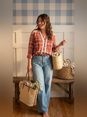 Plaid Button-Up Western Boho Lace and‎ Cotton Women's Top Large